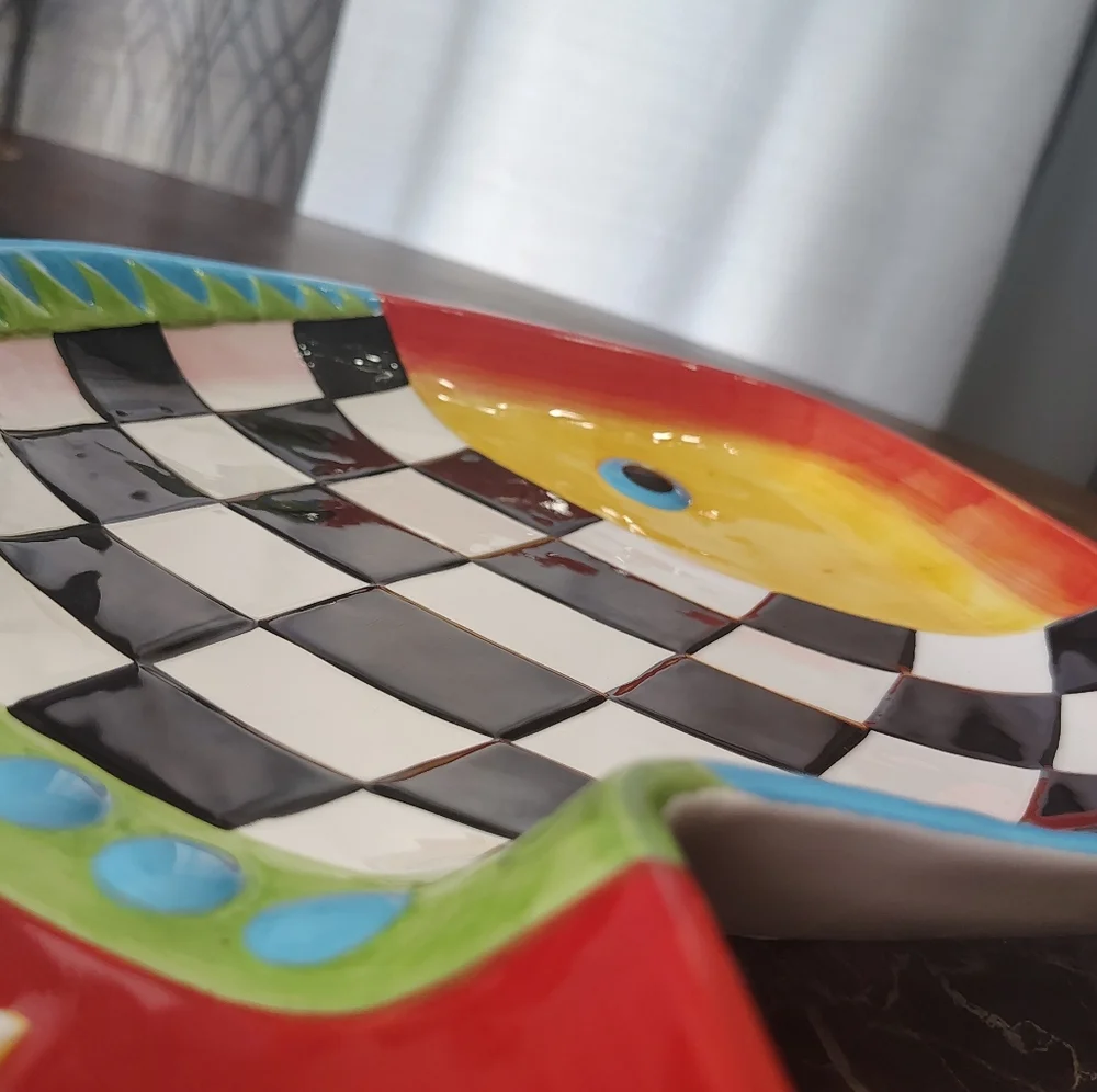 Linens-n-Things Colorful Checkered Fish-Shaped Ceramic Dish Large